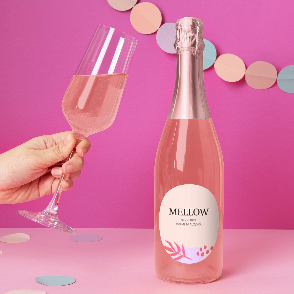 Rose sparkling wine bottle mockup, editable alcohol beverage packaging