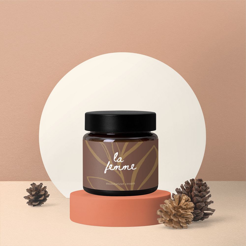 Skincare jar label mockup, editable Autumn product backdrop