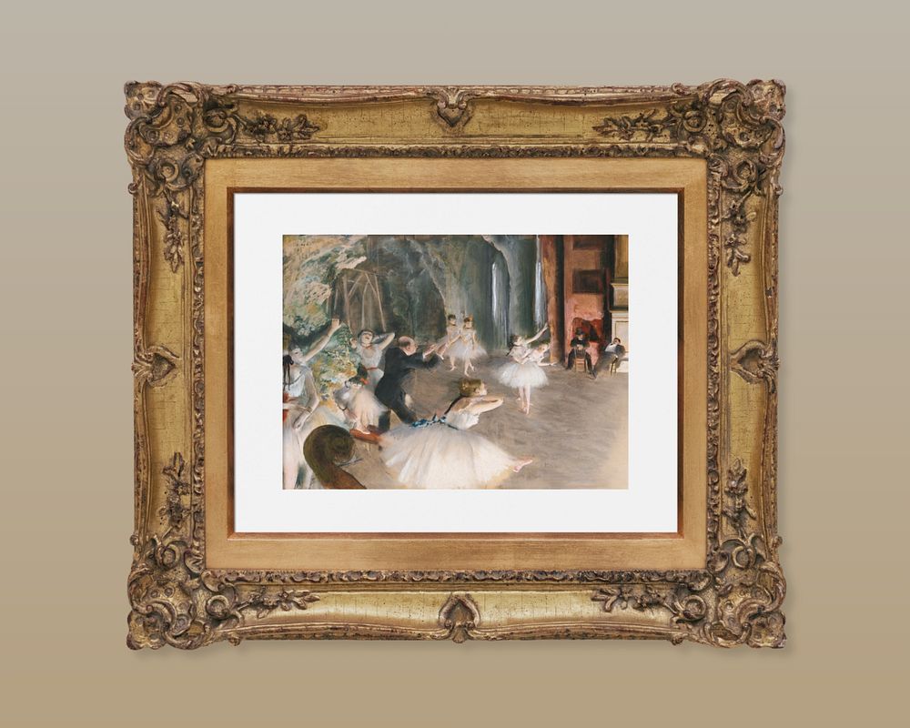 Vintage picture frame mockup, Edgar Degas' The Rehearsal Onstage remixed by rawpixel