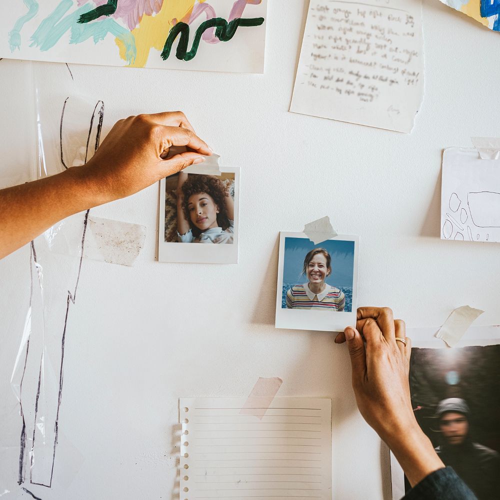 Editable instant camera photo frame on the wall