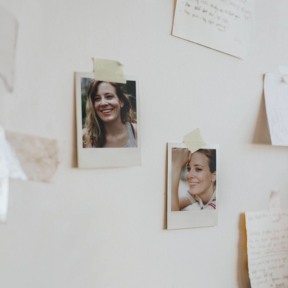 Editable instant camera photo frame on the wall