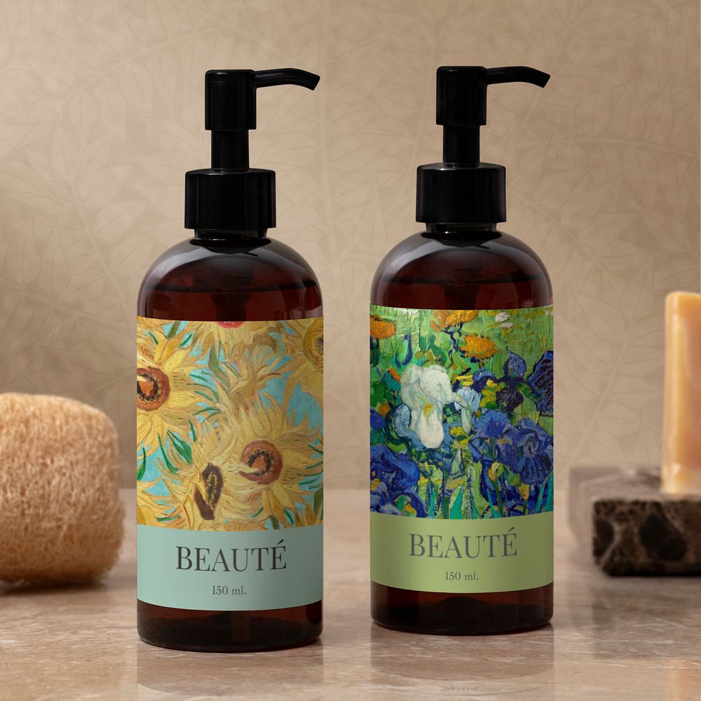 Lotion bottles editable Van Gogh’s artwork label design, remixed by rawpixel