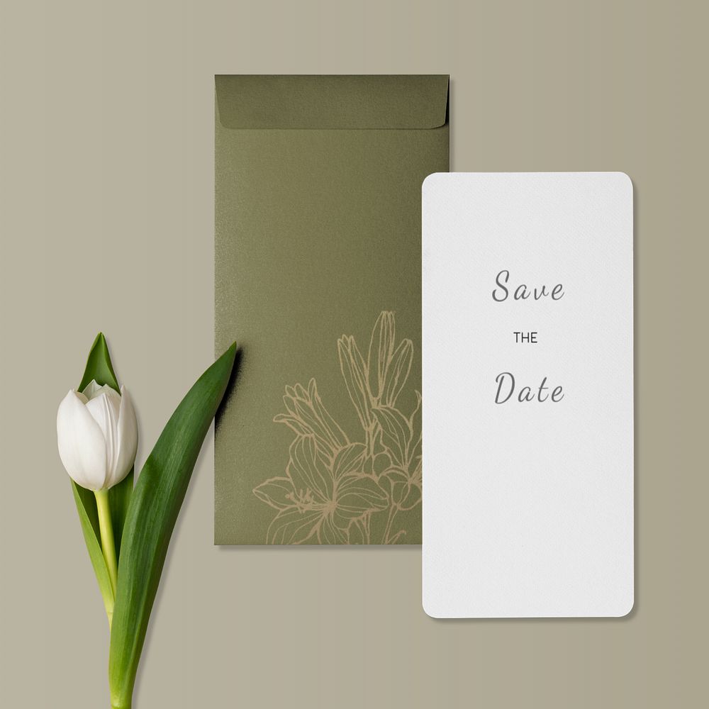 White wedding invitation card mockup, editable flat lay design