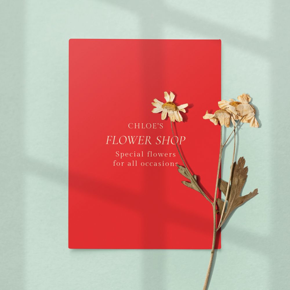 Red poster mockup, editable flat lay design