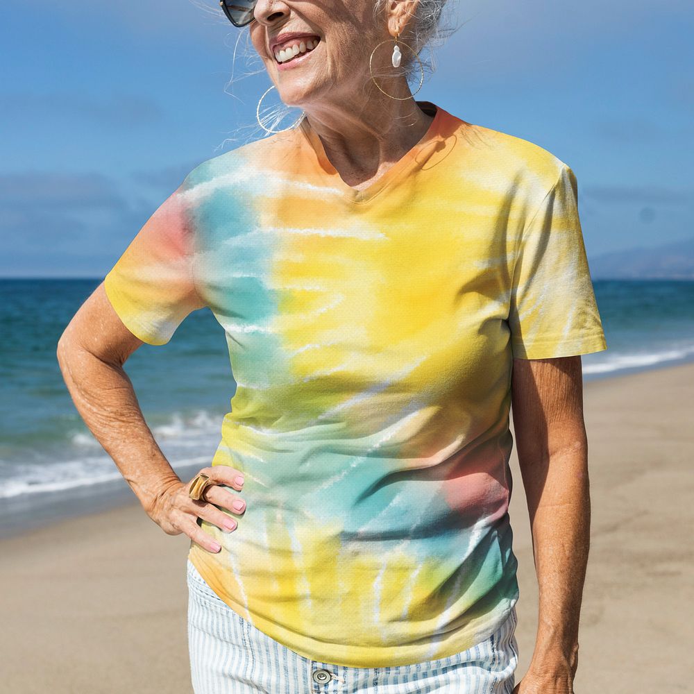 T-shirt mockup on senior woman, summer beach