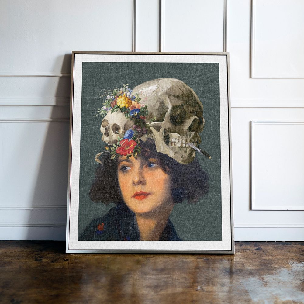 Picture frame editable mockup, white wall. Famous artworks remixed by rawpixel.