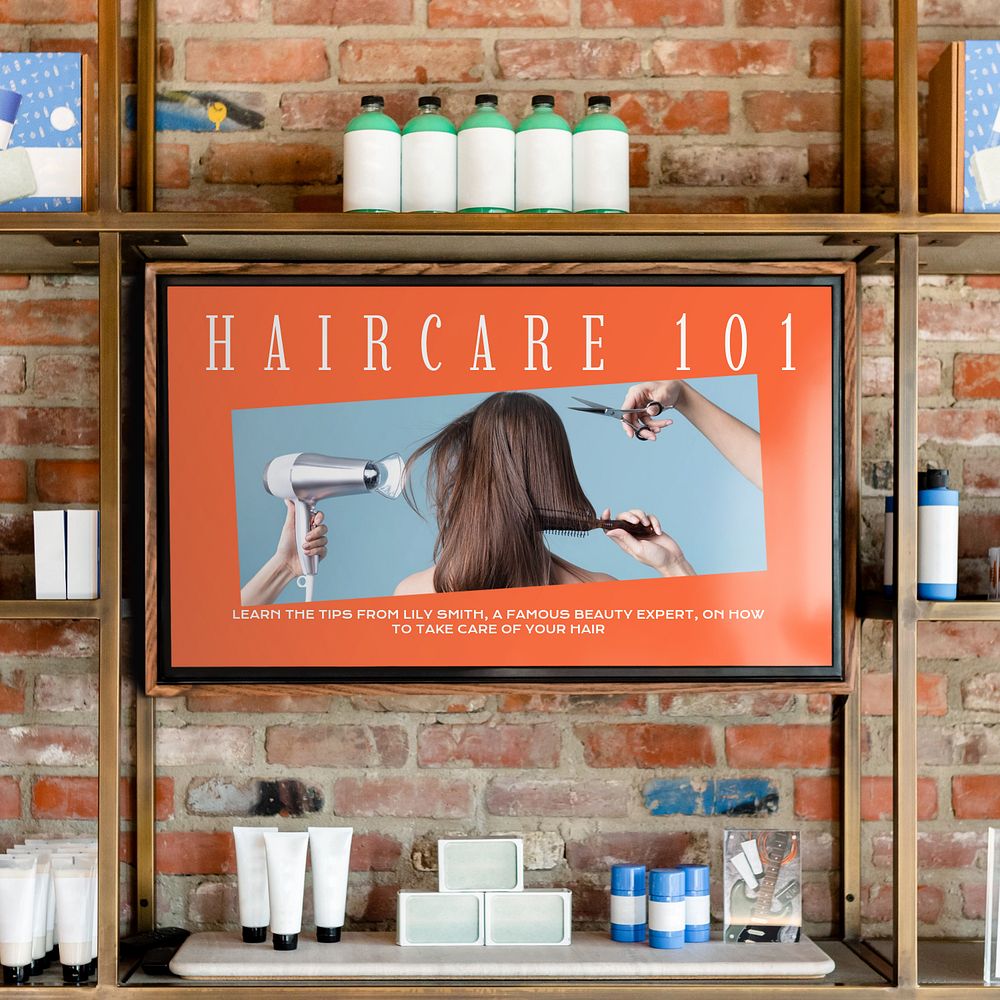 Editable TV screen mockup, salon advertisement