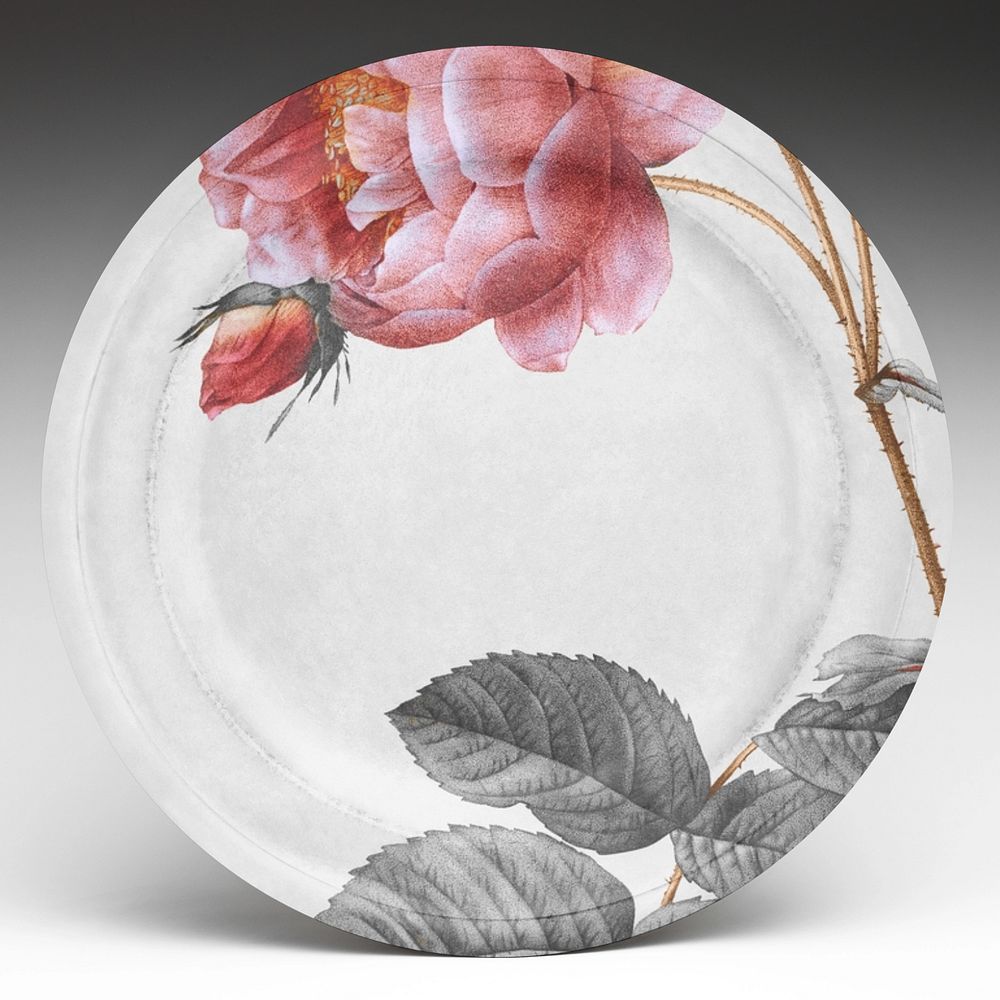 Editable round plate mockup, pink flower design