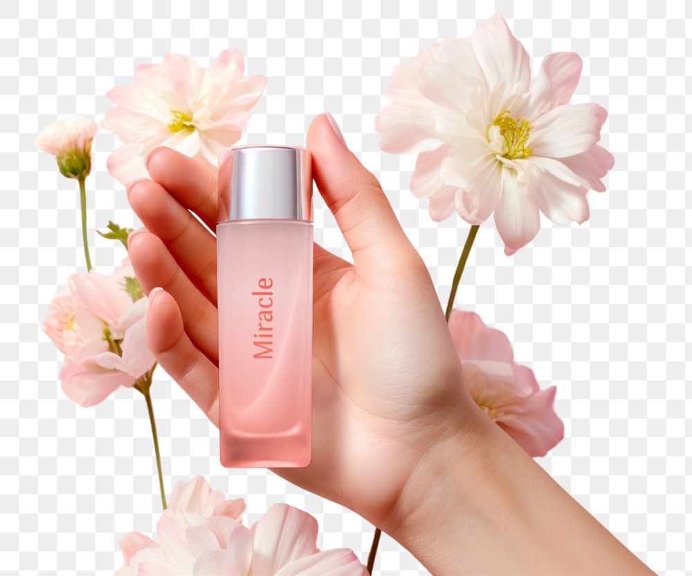 Hand holding perfume bottle png mockup, editable design