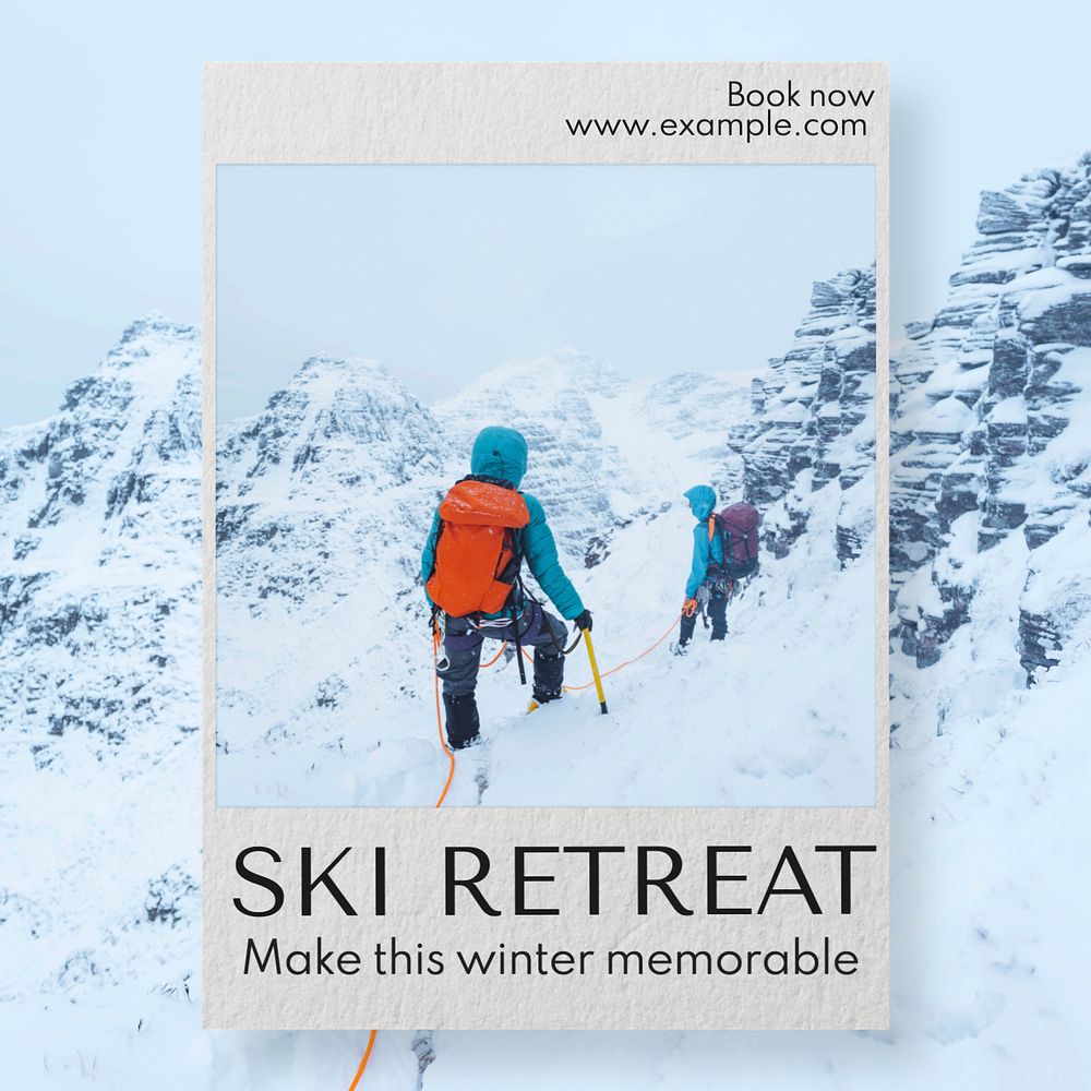 Ski retreat Instagram post template, editable text