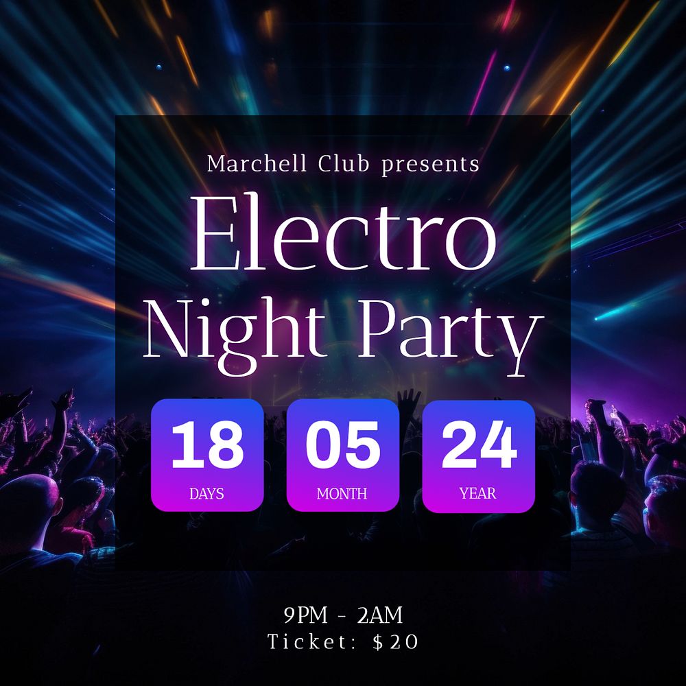 Electro night party Instagram post template, editable text