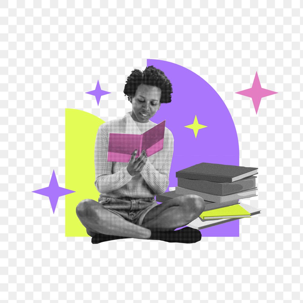 Woman reading png element, editable education collage remix