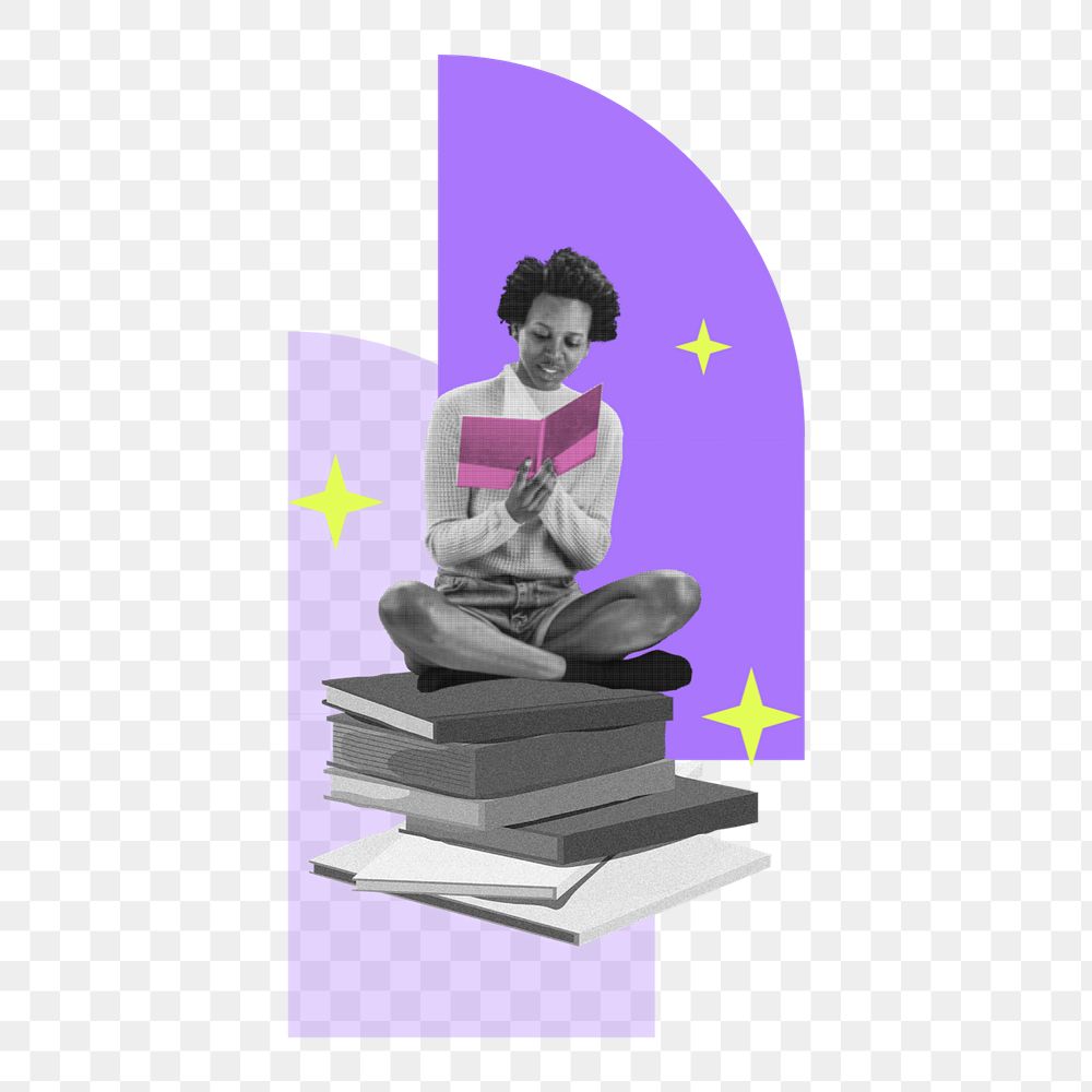 Editable woman reading png element, education collage remix