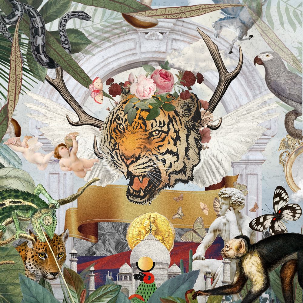 Vintage fantasy animal collage remix editable design