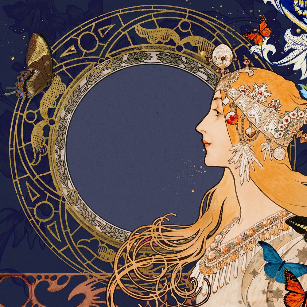 Alphonse Mucha's woman frame background, vintage art nouveau illustration. Remixed by rawpixel.