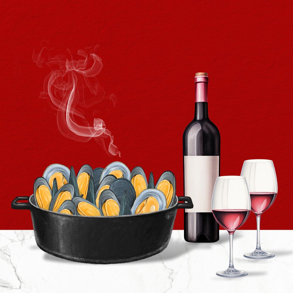 Editable mussels & wine, food digital art