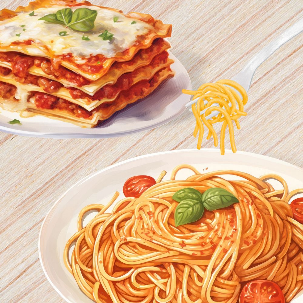 Editable spaghetti & lasagna, food digital art