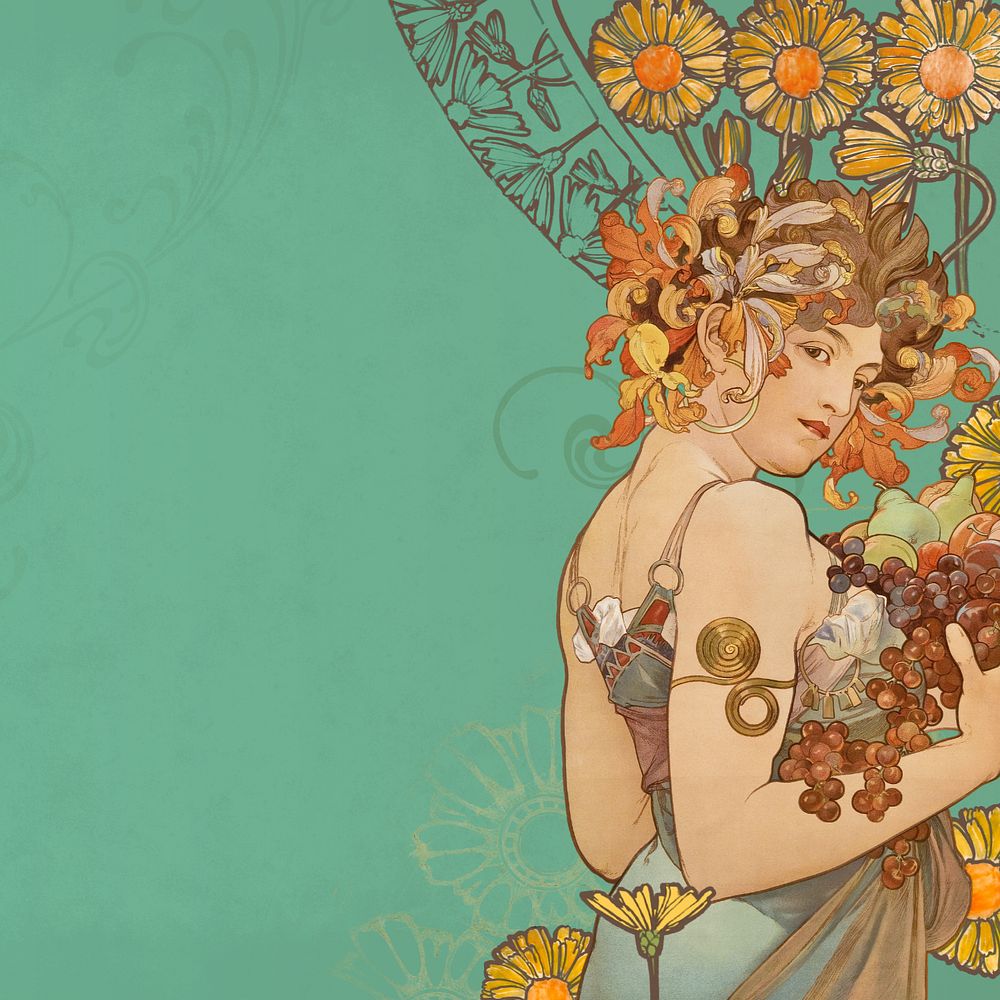 Alphonse Mucha's Fruits background, vintage art nouveau illustration. Remixed by rawpixel.