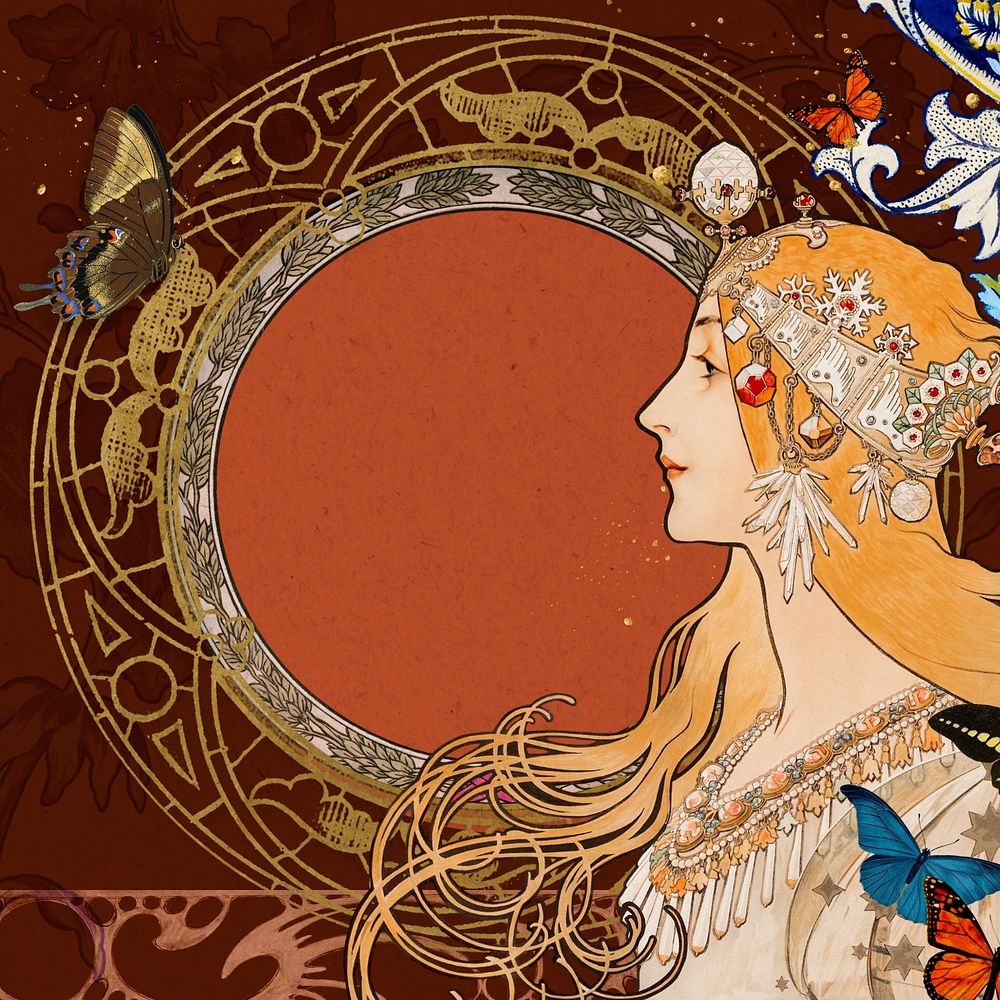 Alphonse Mucha's woman frame background, vintage art nouveau illustration. Remixed by rawpixel.