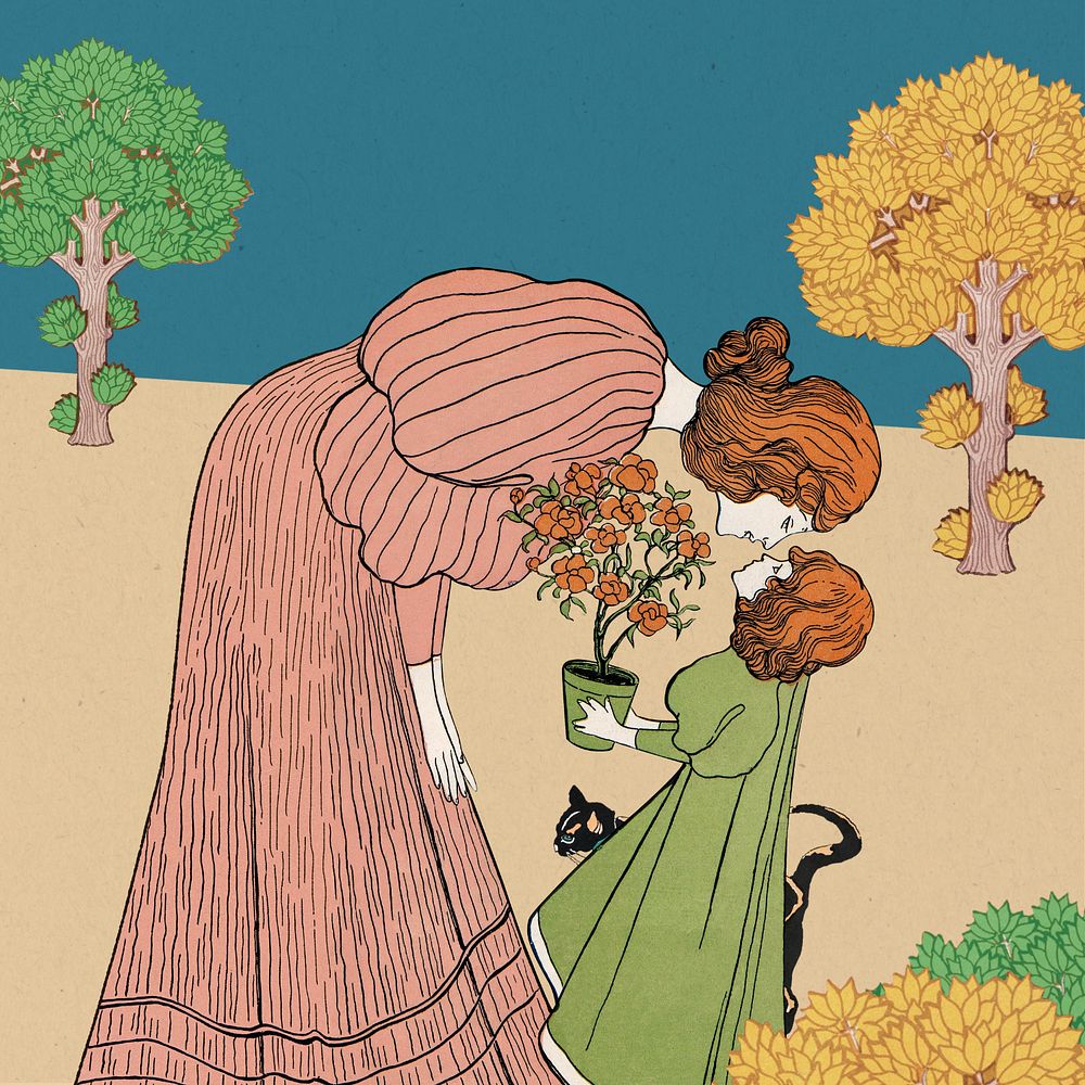 Mother and daughter, Josef Rudolf Witzel's art nouveau illustration. Remixed by rawpixel.