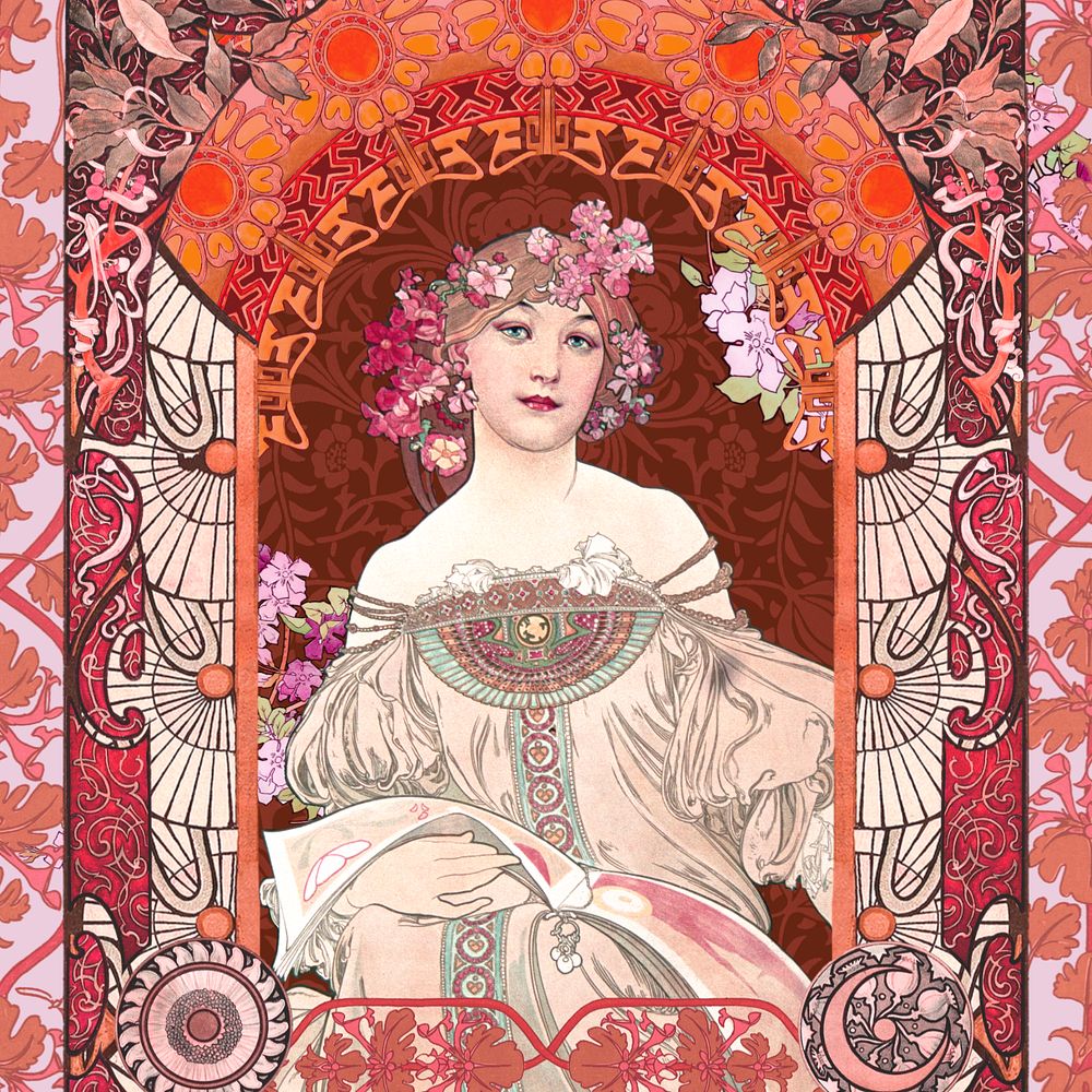 Alphonse Mucha's woman, art nouveau illustration. Remixed by rawpixel.