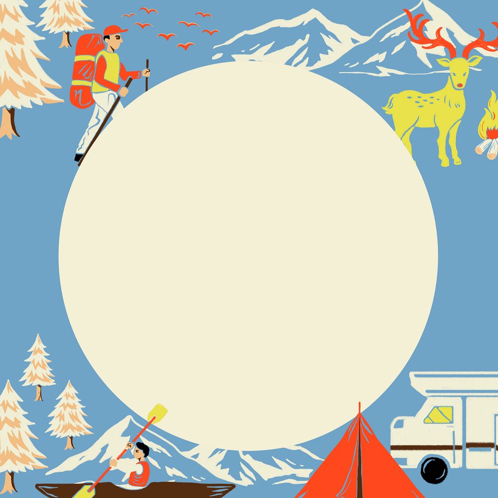 Blue Winter travel frame background, retro illustration