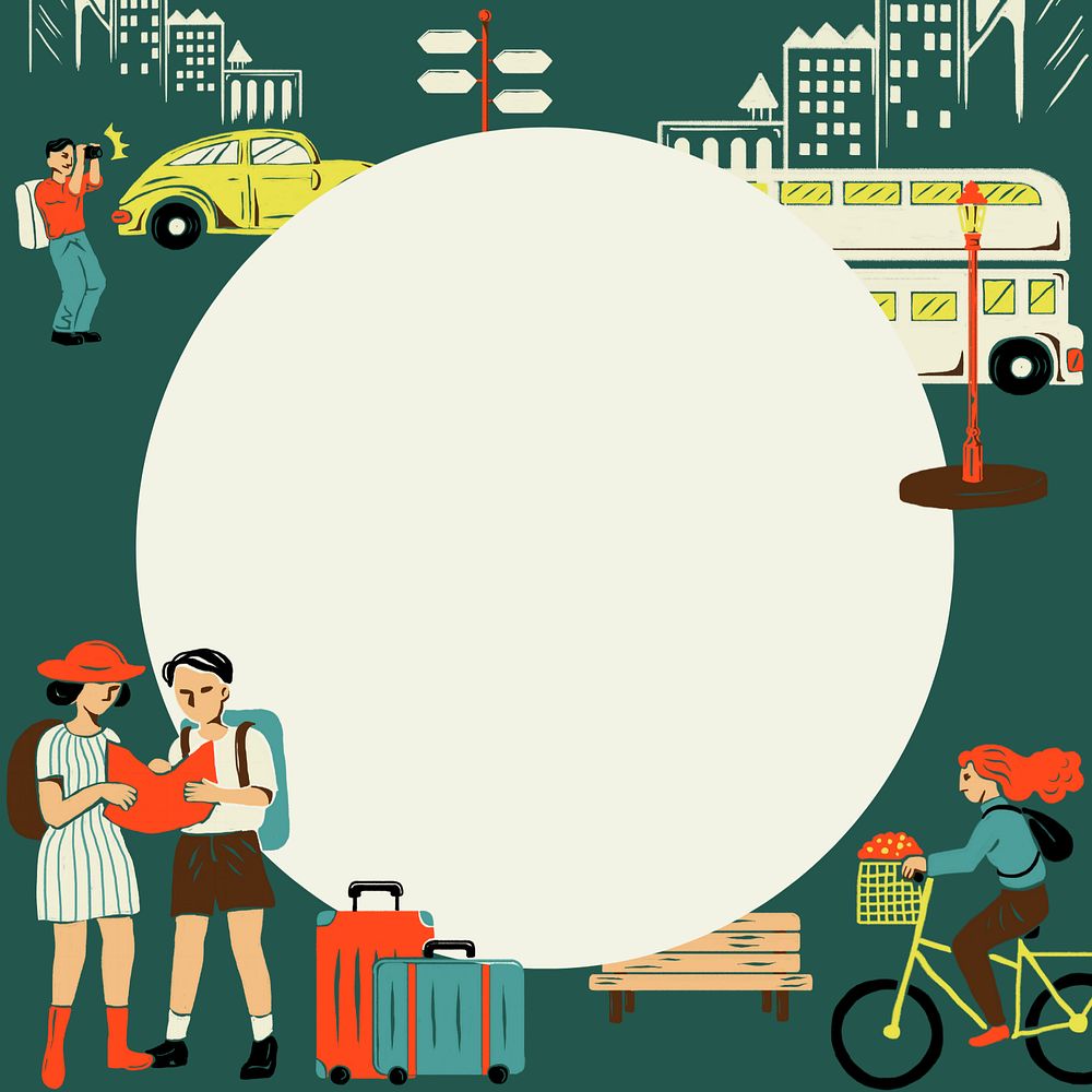 Green City travel frame background, retro illustration