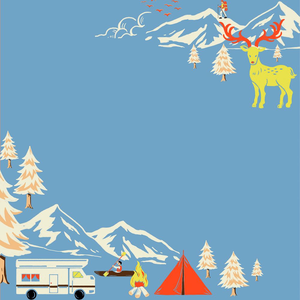 Blue Winter travel background, retro illustration