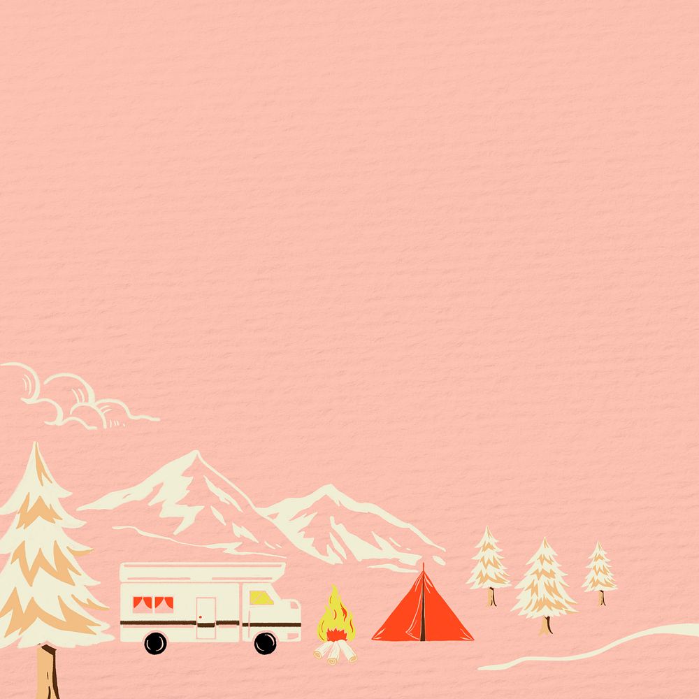 Pink Winter travel background, retro illustration