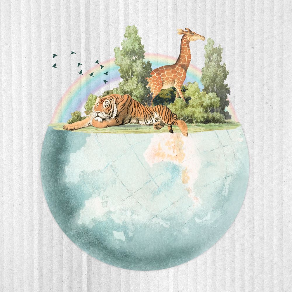 Wildlife globe rainbow, vintage illustration. Remixed by rawpixel.