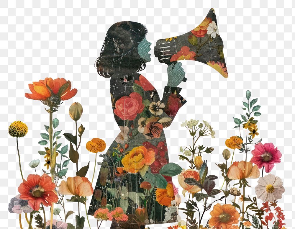 PNG Girl holding a megaphone pattern collage flower.