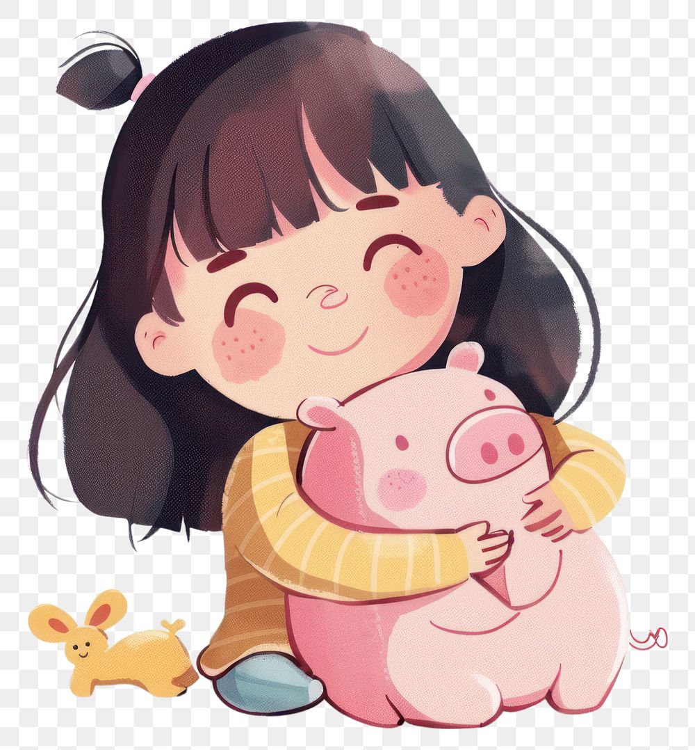 PNG Girl hugging piggy bank and toy cartoon person human.