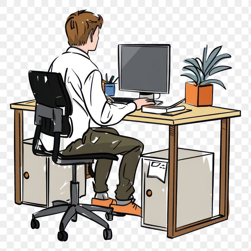 PNG Man working in office electronics furniture computer.