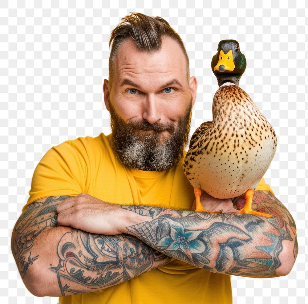 PNG Hispanic man hug duck photography person tattoo.