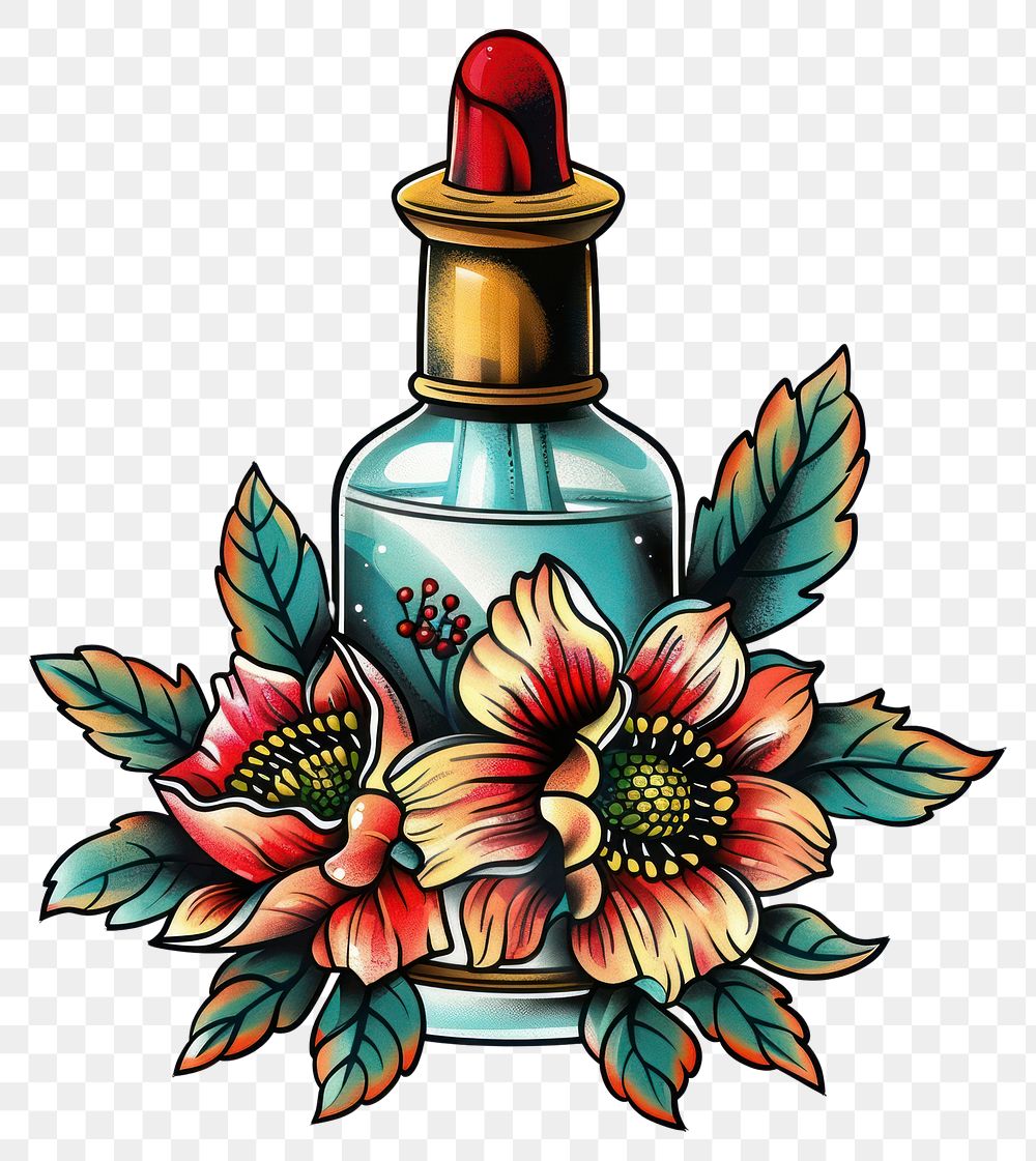 PNG Tattoo illustration of a nail polish bottle cosmetics blossom perfume.
