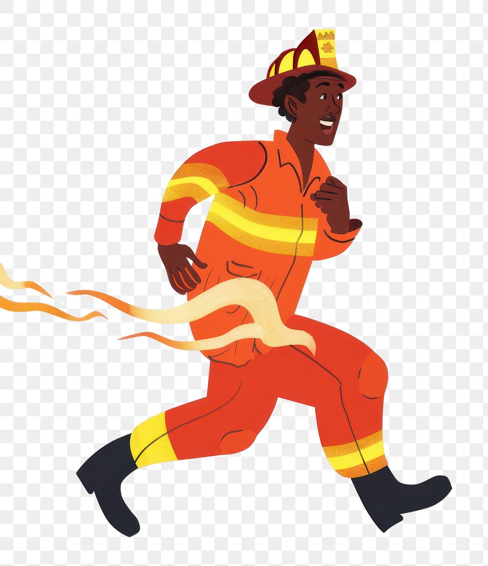 PNG Cute African American fireman running illustration clothing apparel hardhat.