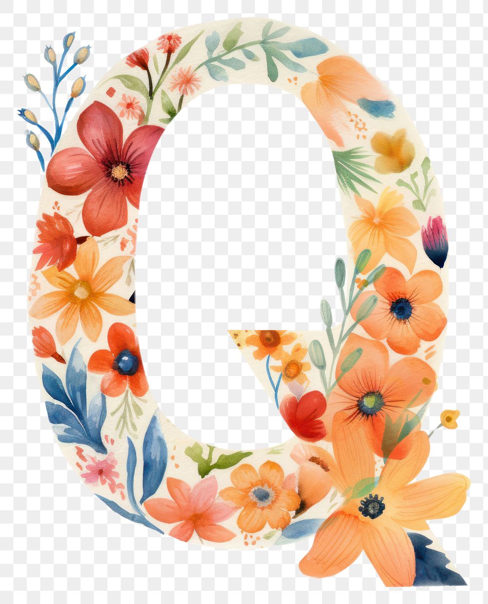 PNG Floral inside alphabet q text graphics pattern.