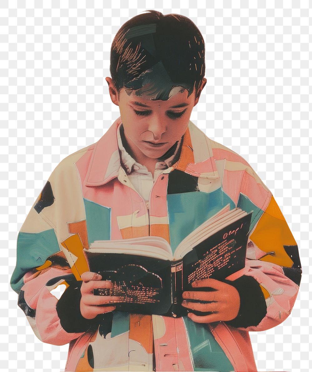 PNG Photo collage of boy reading book portrait photography publication.
