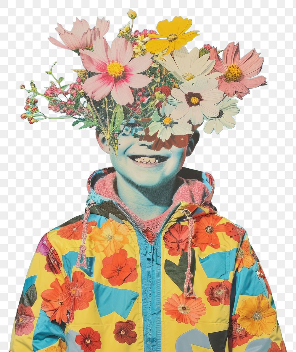 PNG Photo collage of boy wearing flower bouquet portrait jacket photography.