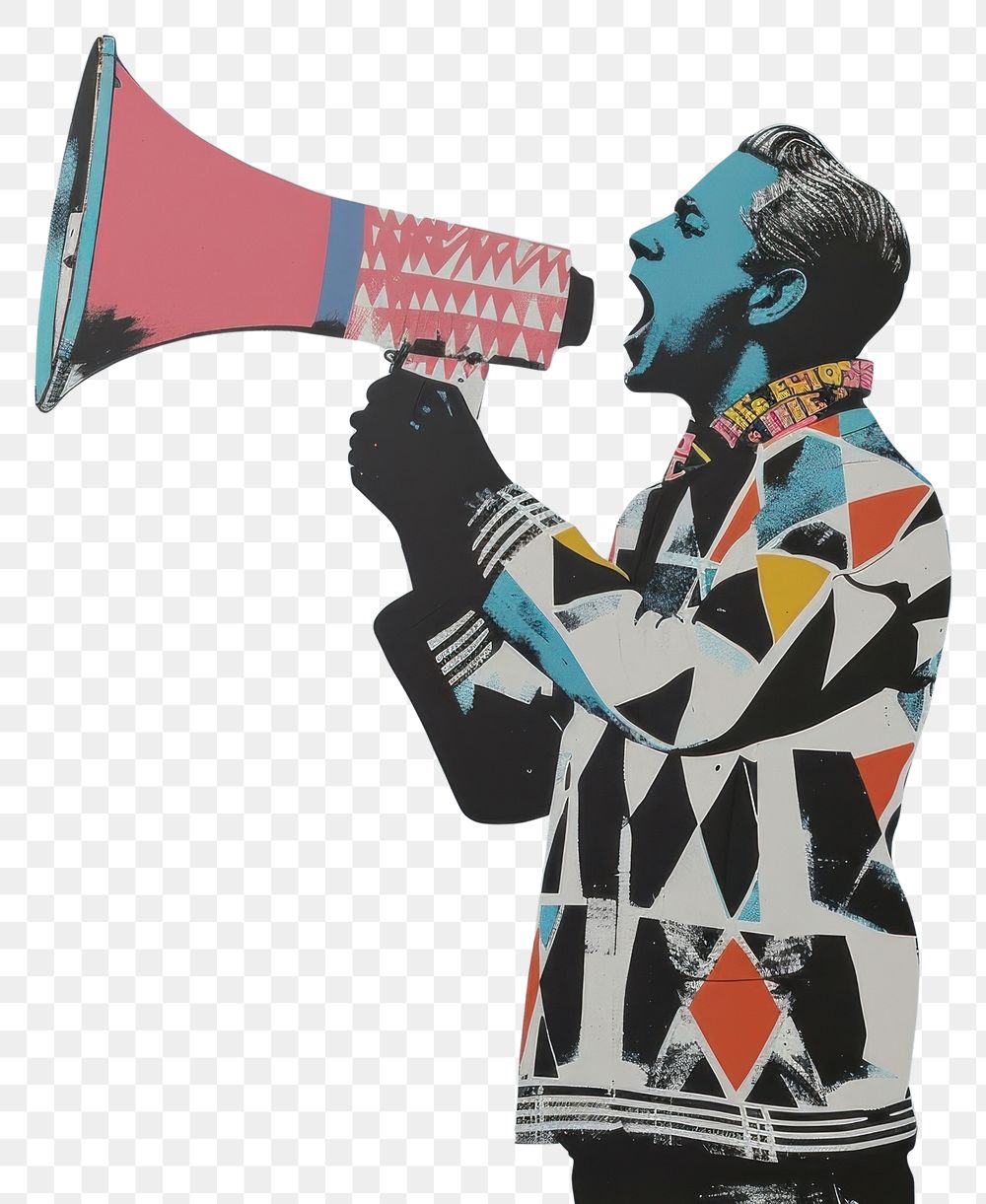 PNG Photo collage of man holding megaphone electronics shouting speaker.