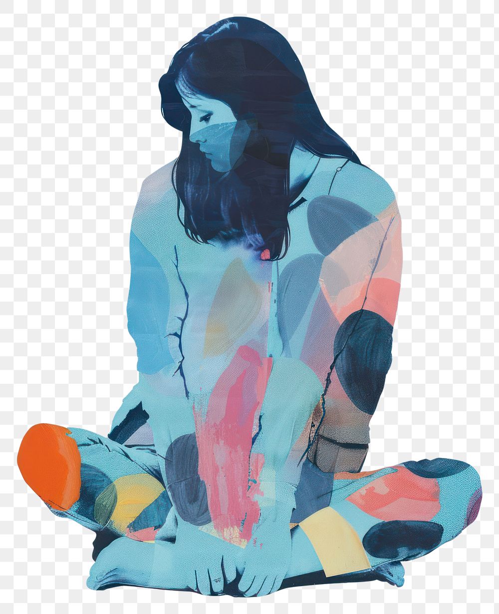 PNG Photo collage of sad girl illustrated painting kneeling.