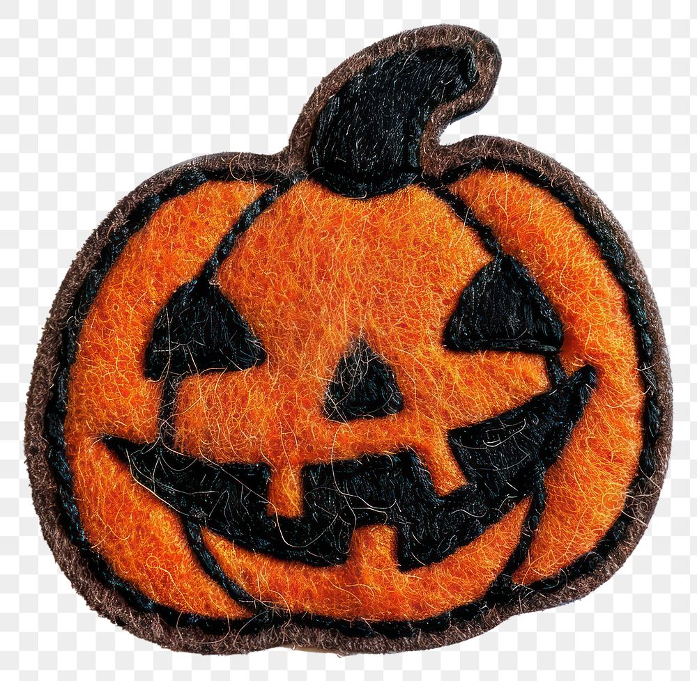 PNG Felted *felt stickers of a single halloween pumpkin*, cute, patch sticker, iron on patch, isolated on a flat white…