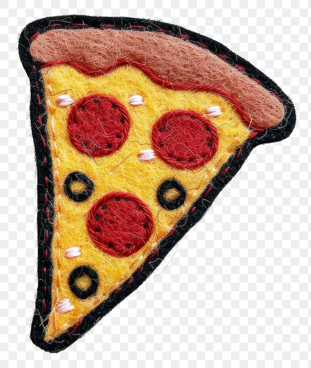 PNG Felt stickers of a single slice pizza applique football pattern.