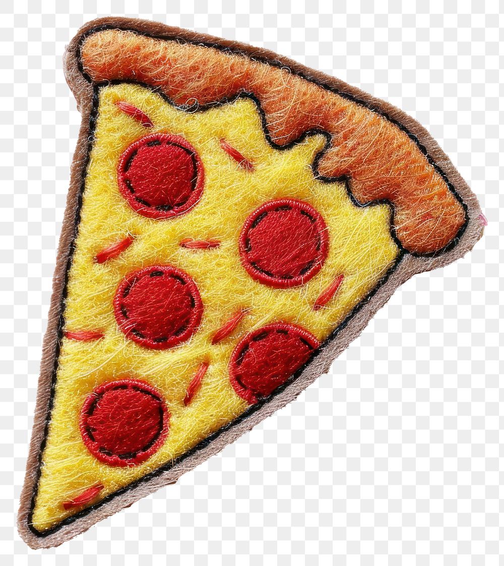 PNG Felted *felt stickers of a single slice pizza*, cute, patch sticker, iron on patch, isolated on a flat white background …