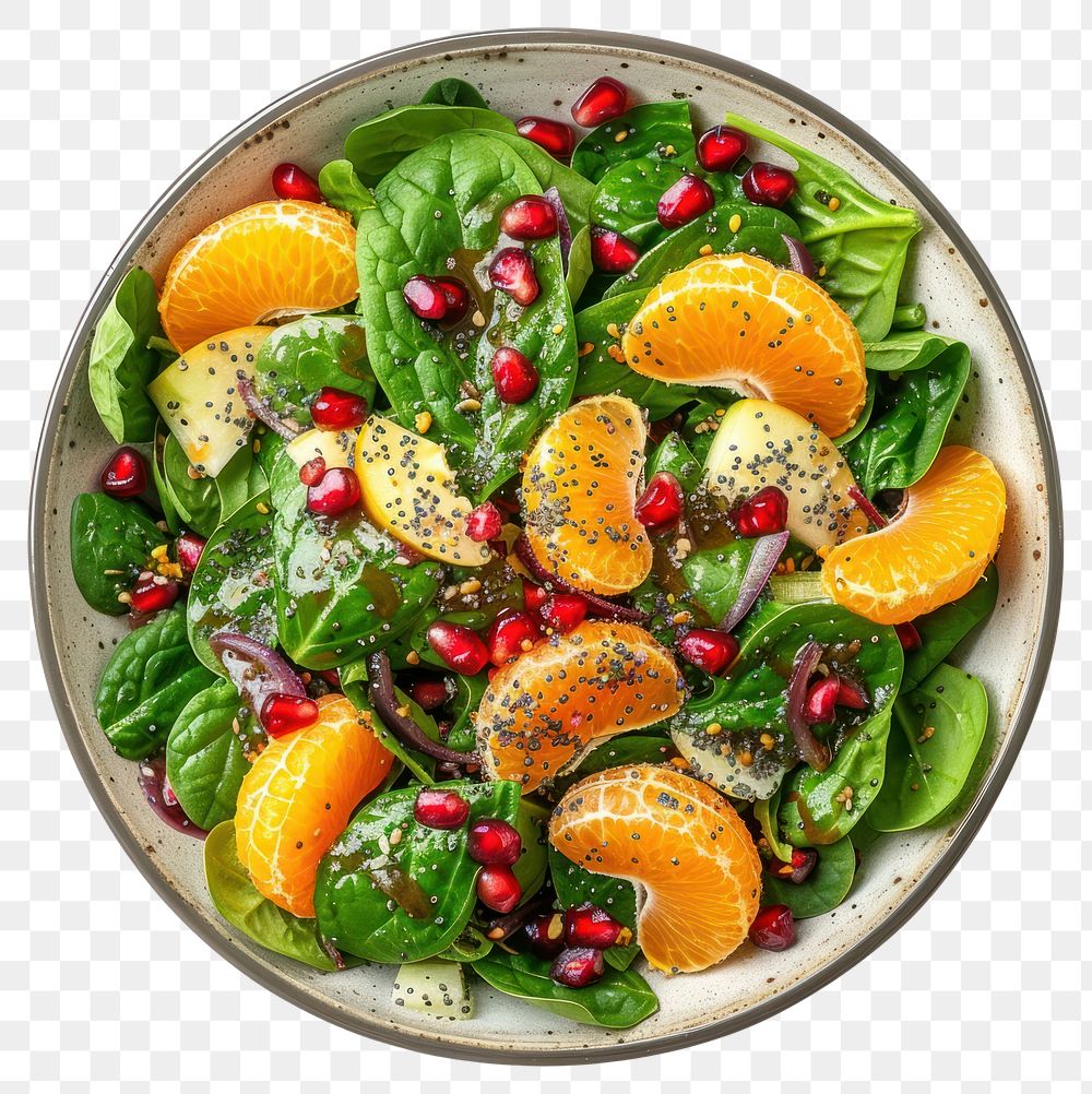 PNG Mandarine Pomegranate Spinach Salad with Poppy Seed Dressing pomegranate produce plate.