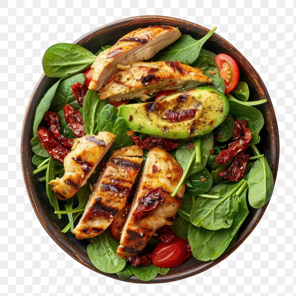 PNG Grilled Chicken Sun Dried Tomato and Avocado Spinach Salad vegetable platter produce.