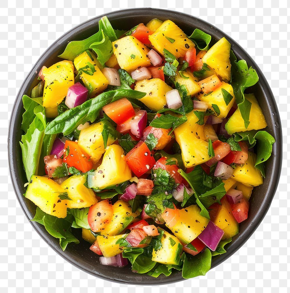 PNG Pineapple mango salsa salad produce lunch plate.