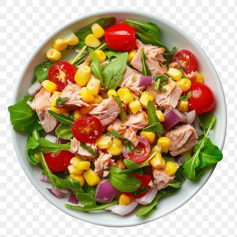 PNG Tuna corn salad vegetable produce plate.