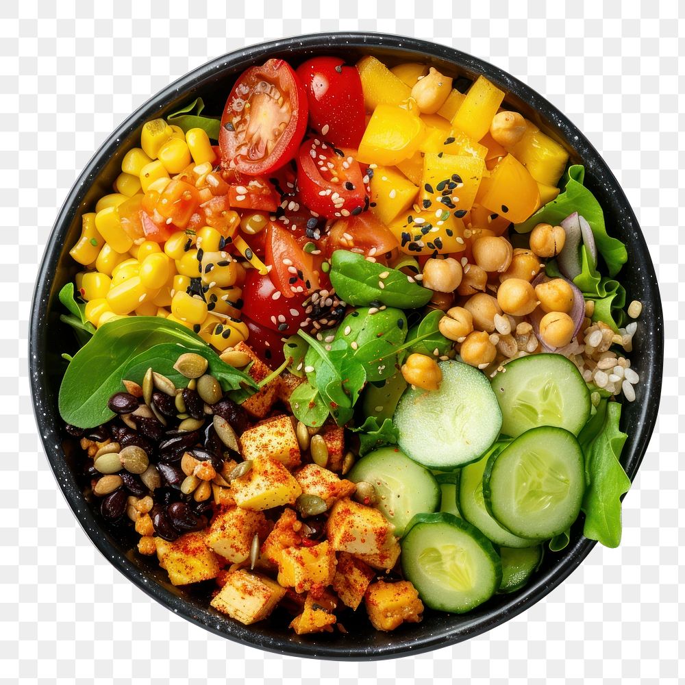 PNG Vegan buddha bowl salad platter produce lunch.