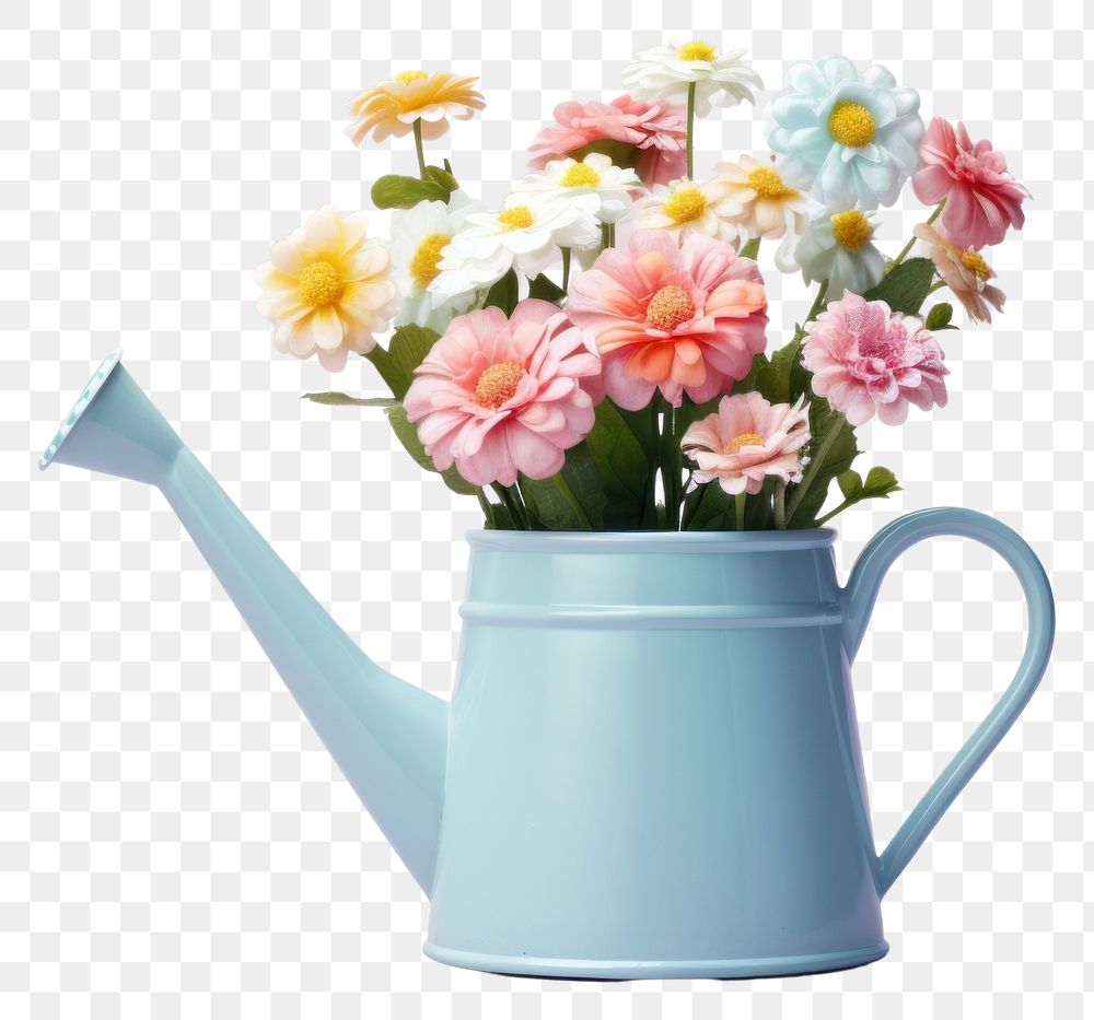 PNG Watering can with flowers asteraceae blossom pottery.